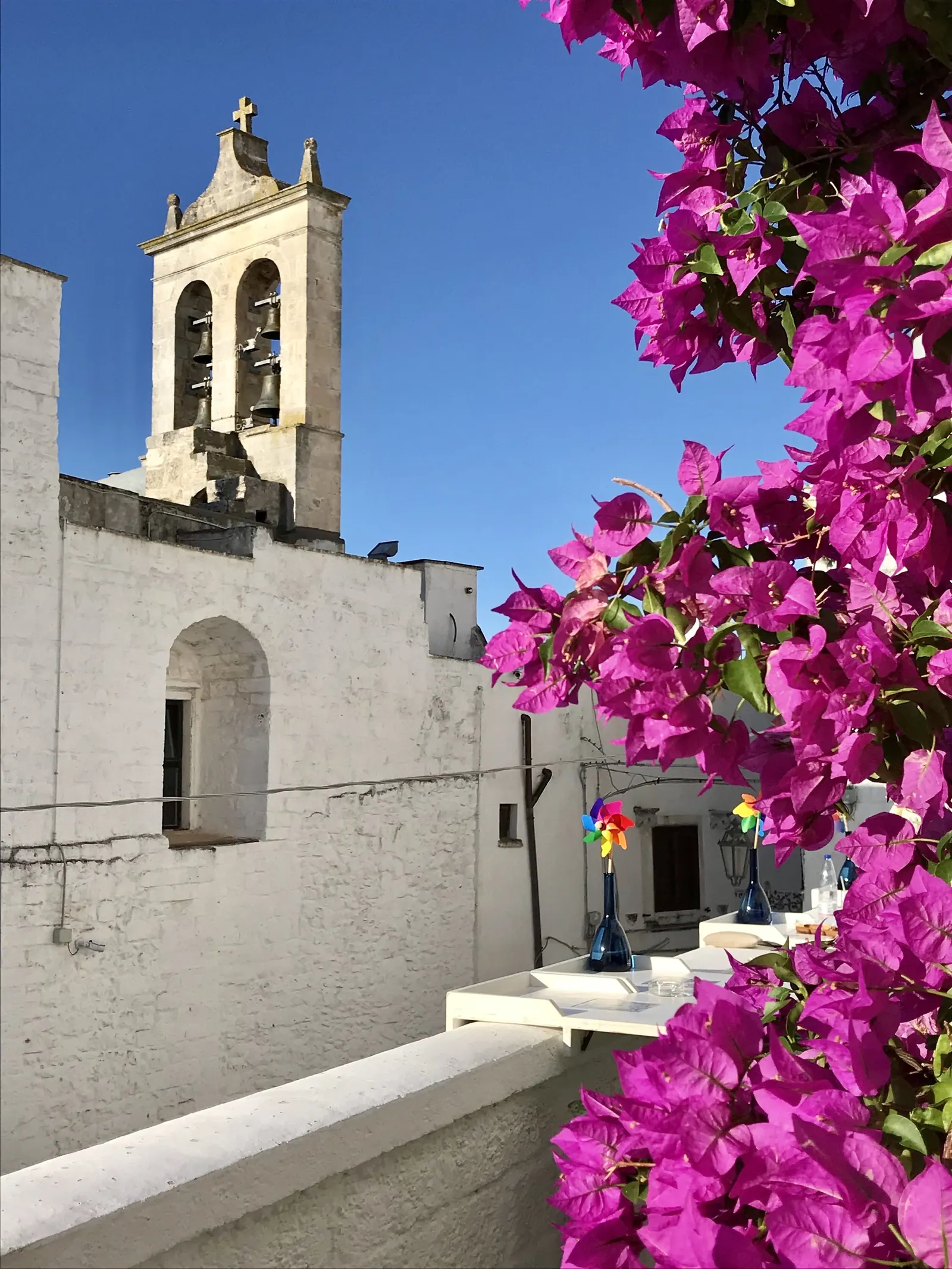 Bell tower and bougainvillea in the old town