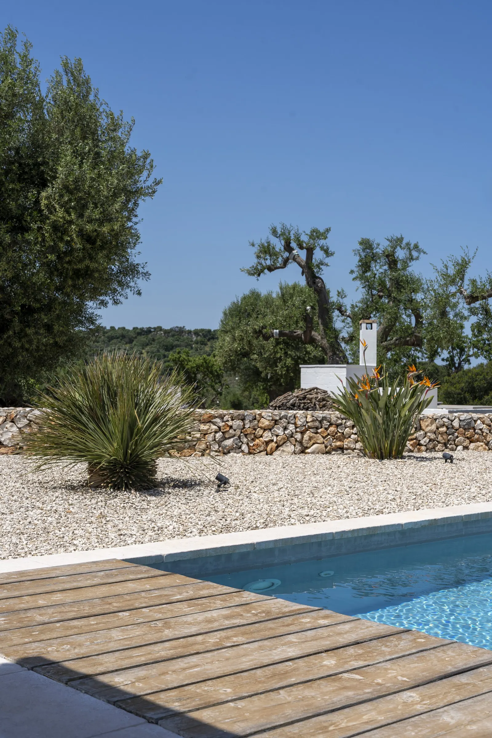 Pool edge and wooden deck beside a dry-stone wall