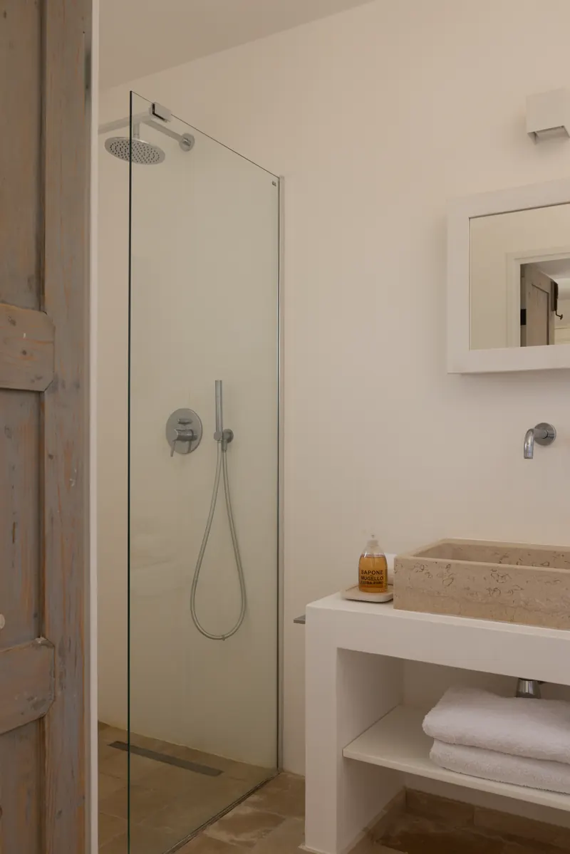 Walk-in shower and stone basin