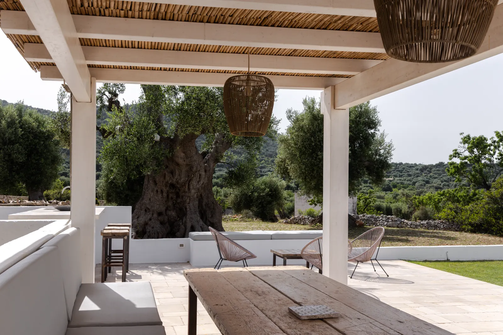 Covered terrace with dining table looking out to the olive grove