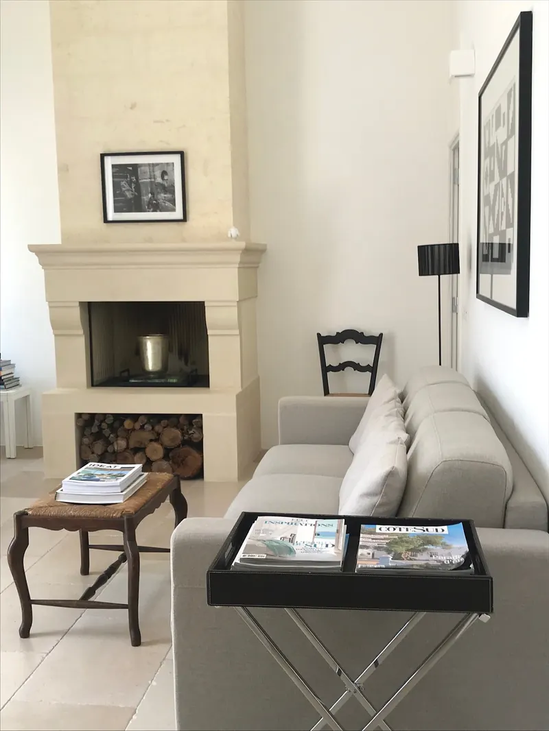Fireplace and sofa